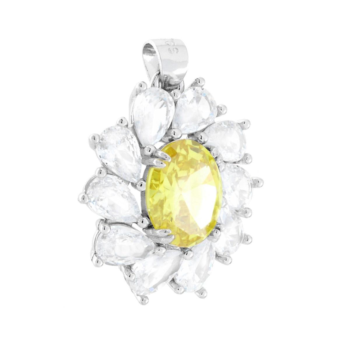 Ciondolo Ovale Topazio Giallo contornato da gocce Cubic Zirconia Bianchi