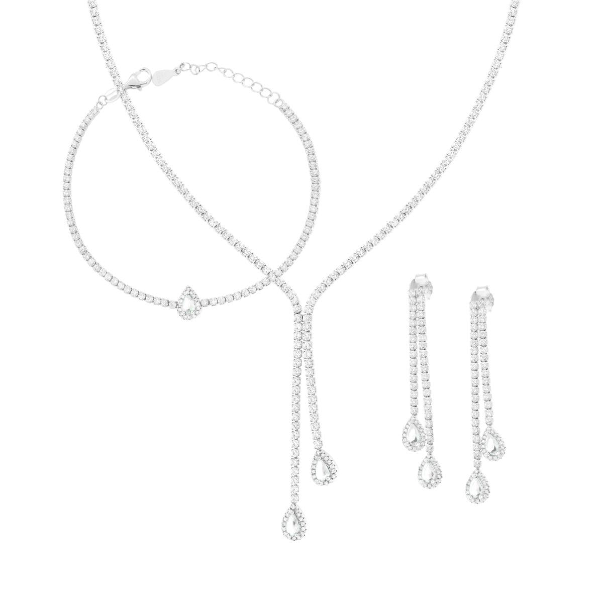 Parure Set Tennis Orecchini Collana e Bracciale Gocce Bianco contornati da Cubic Zirconia Bianchi
