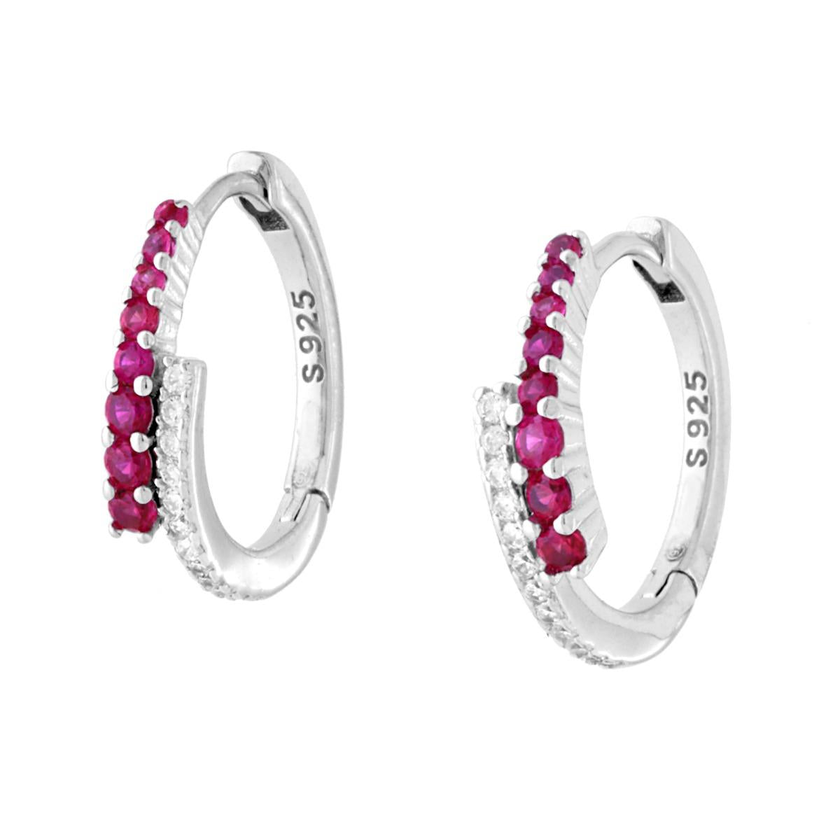 Orecchini Cerchio Scattino con Cubic Zirconia Contrarie Rosso Rubino e Bianchi