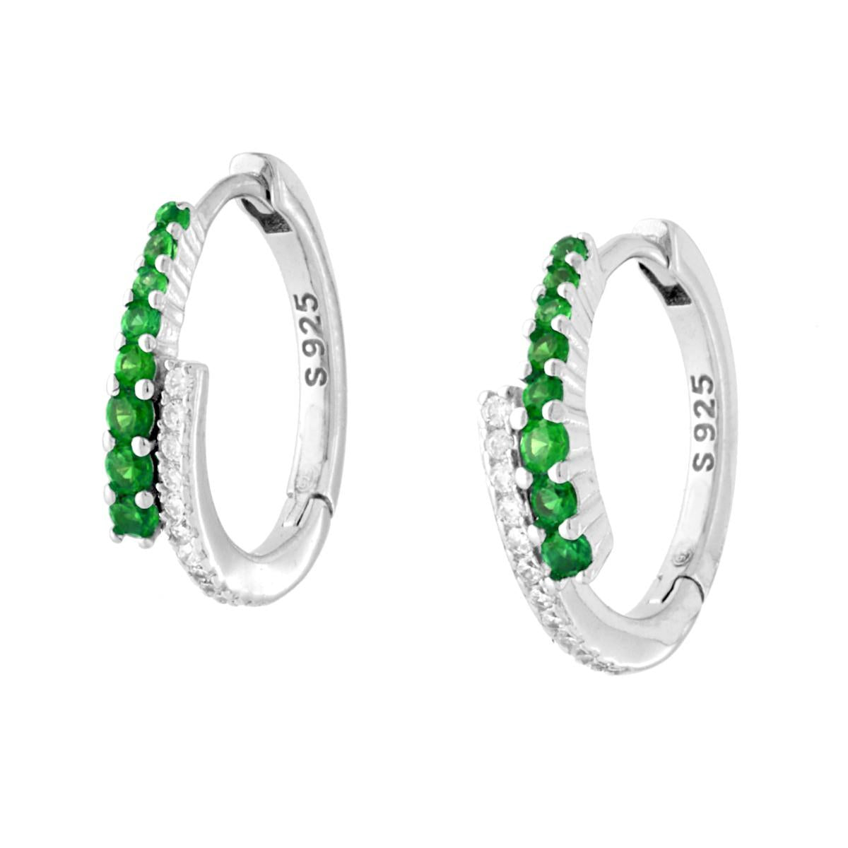 Orecchini Cerchio Scattino con Cubic Zirconia Contrarie Verde Smeraldo e Bianchi