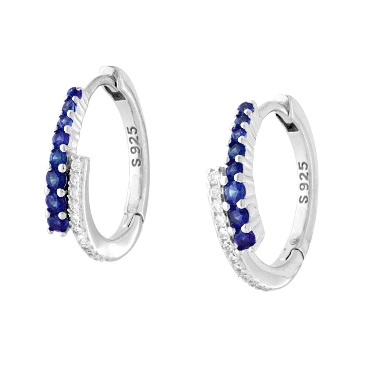 Orecchini Cerchio Scattino con Cubic Zirconia Contrarie Blu Zaffiro e Bianchi