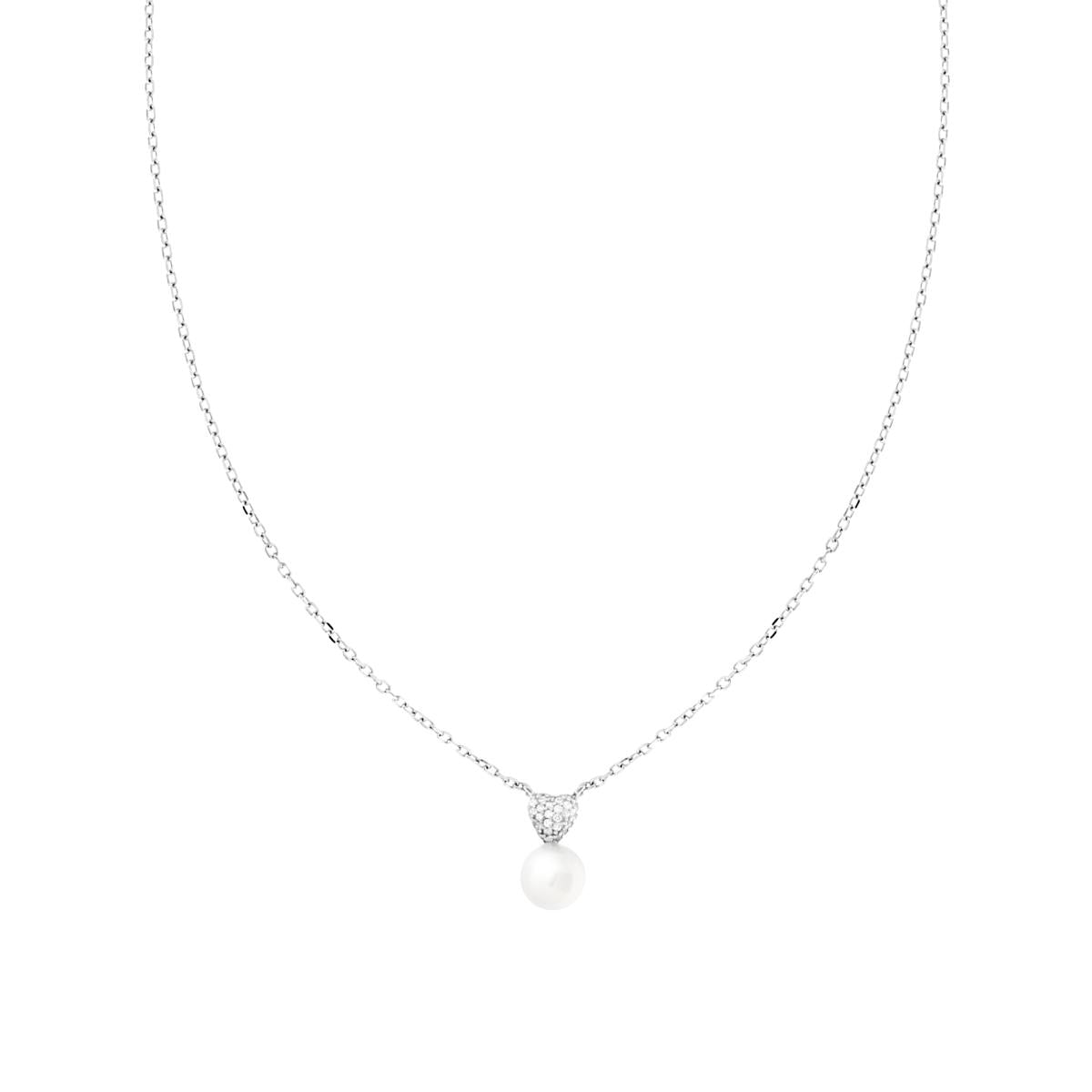 Collana Catena Forzatina Diamantata con Perla e Cuore con Cubic Zirconia Bianchi