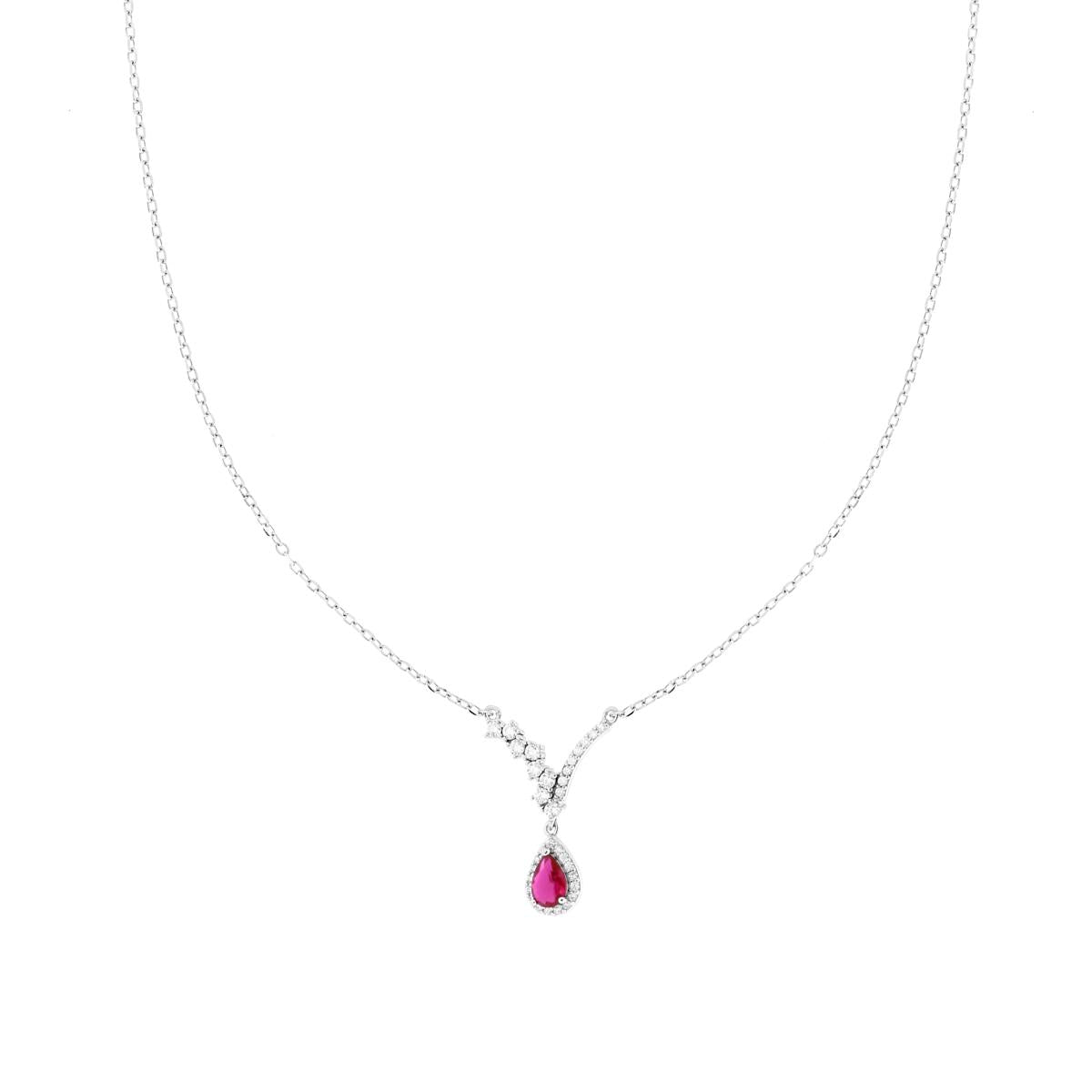 Collana Catena Forzatina Diamantata con Diadema Bianco e Goccia Rosso Rubino contornata da Cubic Zirconia Bianchi