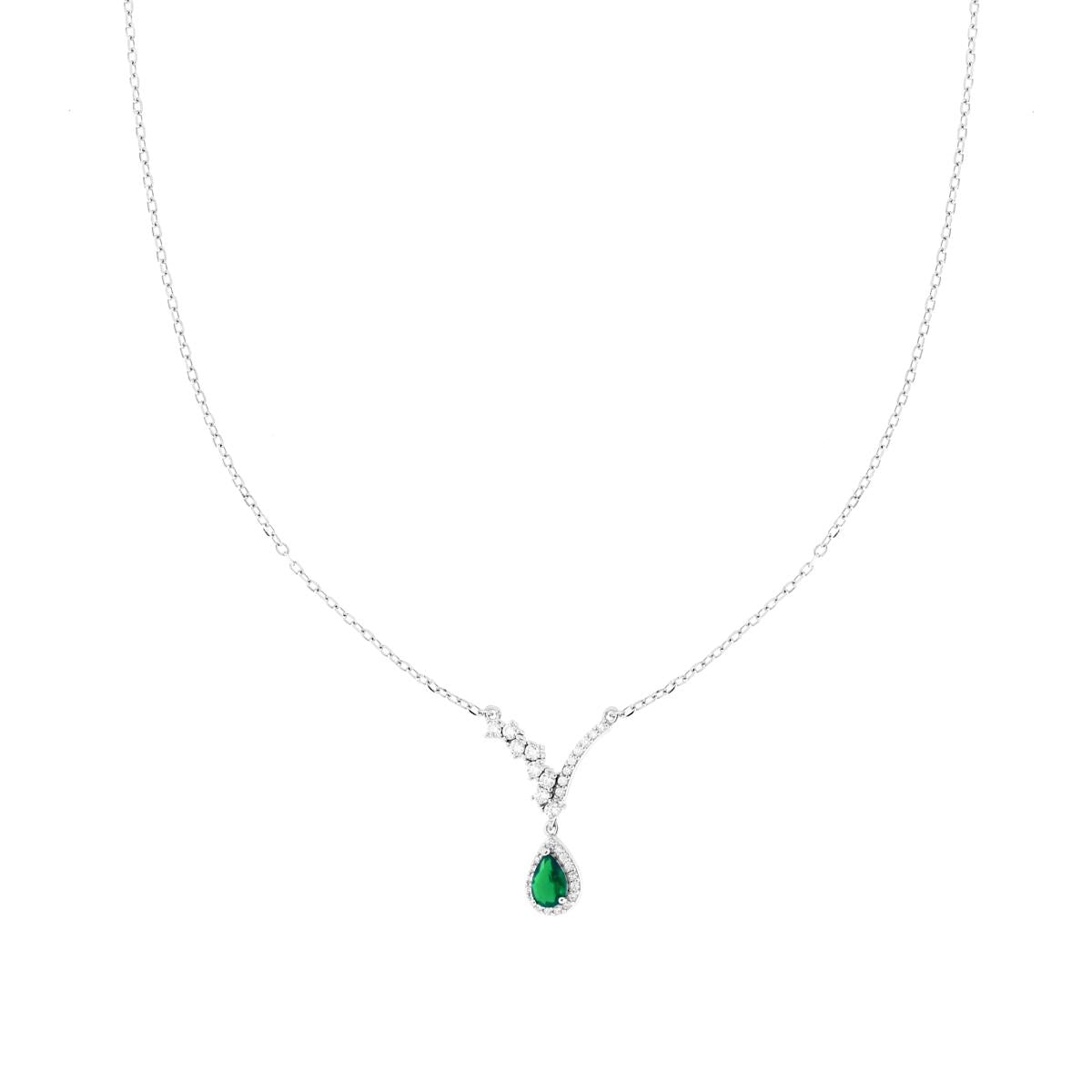 Collana Catena Forzatina Diamantata con Diadema Bianco e Goccia Verde Smeraldo contornata da Cubic Zirconia Bianchi
