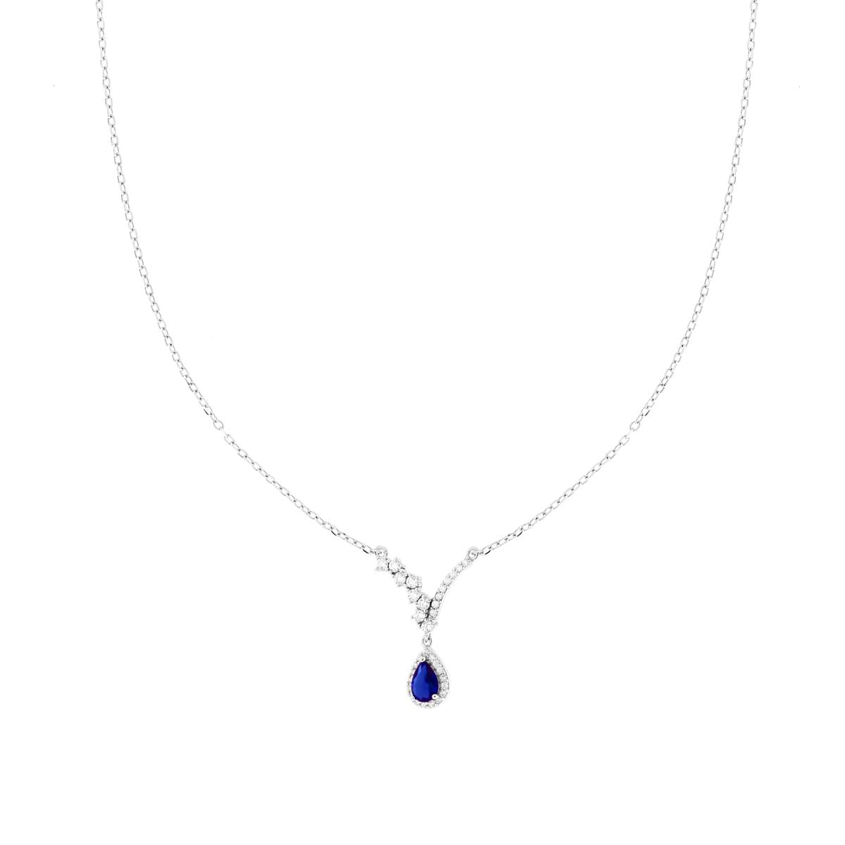 Collana Catena Forzatina Diamantata con Diadema Bianco e Goccia Blu Zaffiro contornata da Cubic Zirconia Bianchi