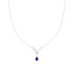 Collana Catena Forzatina Diamantata con Diadema Bianco e Goccia Blu Zaffiro contornata da Cubic Zirconia Bianchi