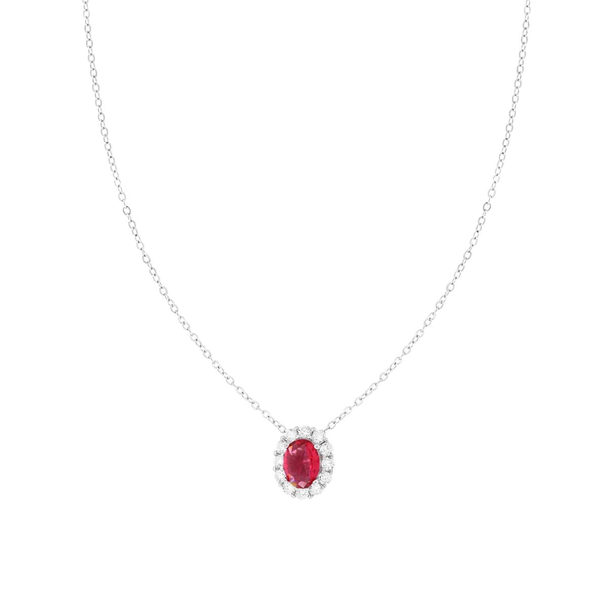 Collana Catena Forzatina Diamantata con Ovale Rosso Rubino contornato da Cubic Zirconia Bianchi