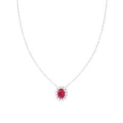 Collana Catena Forzatina Diamantata con Ovale Rosso Rubino contornato da Cubic Zirconia Bianchi