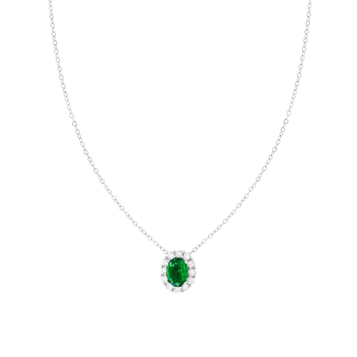 Collana Catena Forzatina Diamantata con Ovale Verde Smeraldo contornato da Cubic Zirconia Bianchi