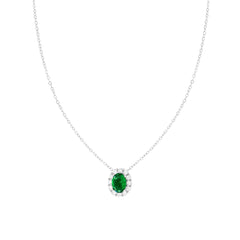 Collana Catena Forzatina Diamantata con Ovale Verde Smeraldo contornato da Cubic Zirconia Bianchi