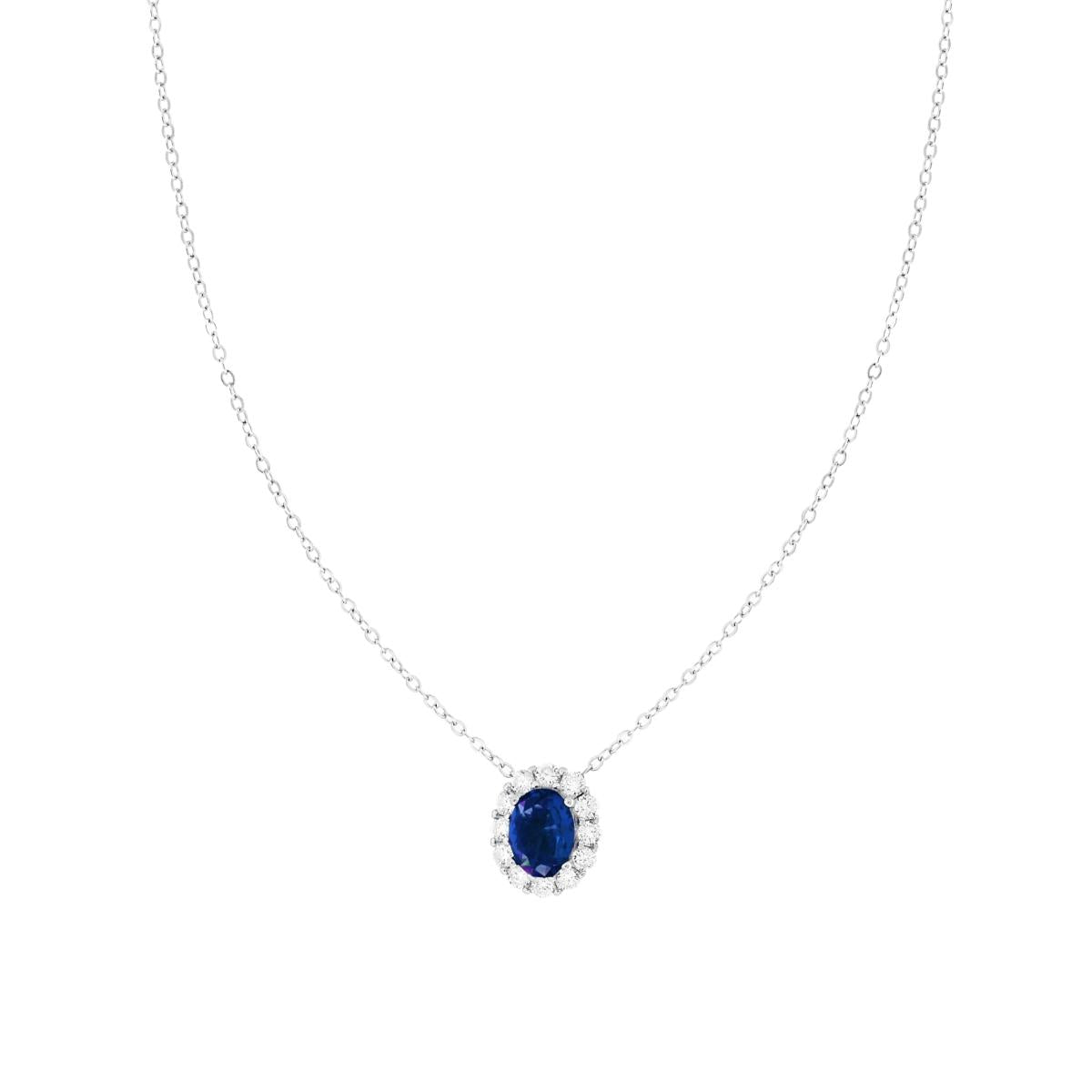 Collana Catena Forzatina Diamantata con Ovale Blu Zaffiro contornato da Cubic Zirconia Bianchi