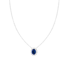 Collana Catena Forzatina Diamantata con Ovale Blu Zaffiro contornato da Cubic Zirconia Bianchi