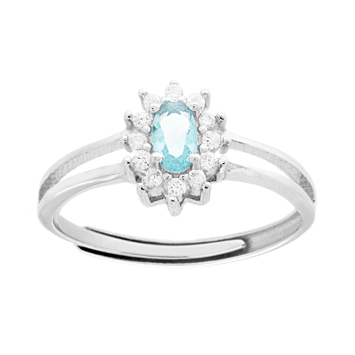 Anello Solitario con Zircone ovale Acquamarina contornato con Zirconi Bianchi