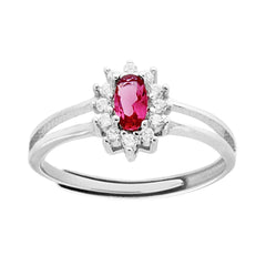 Anello Solitario con Zircone Ovale Rosso Rubino contornato con Zirconi Bianchi