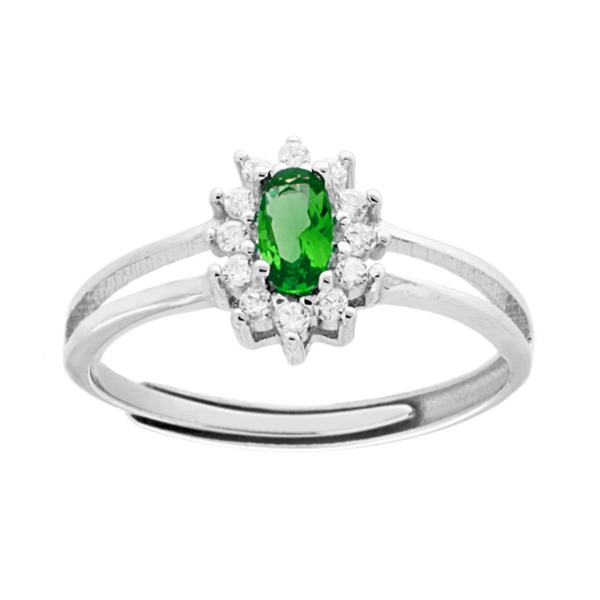 Anello Solitario con Zircone Ovale Verde Smeraldo contornato con Zirconi Bianchi