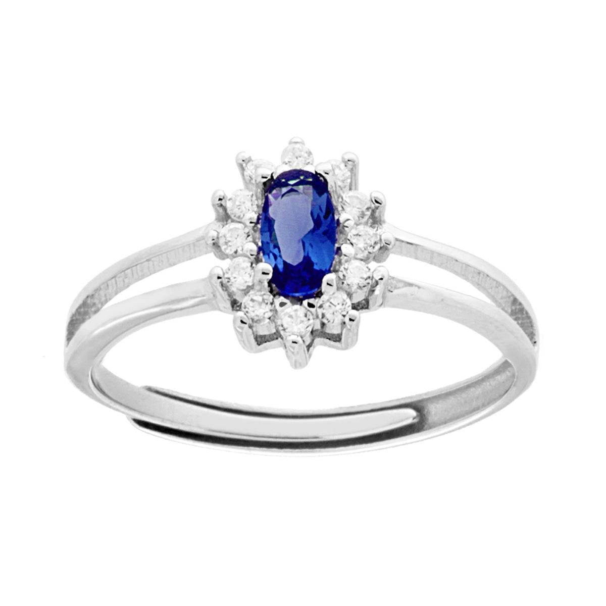 Anello Solitario con Zircone Ovale Blu Zaffiro contornato con Zirconi Bianchi