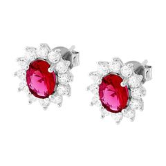 Orecchini Ovale Zircone Rosso Rubino contornato da Zirconi Bianchi