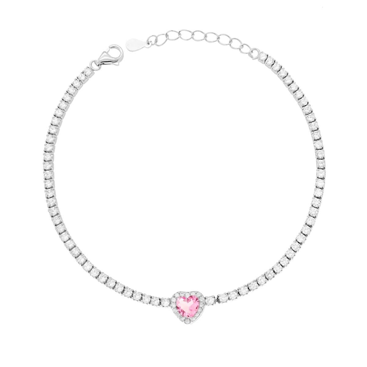 Bracciale Tennis Griffe cm 17+3 con Zirconi mm 2 Bianchi con Zircone Cuore centrale Rosa contornato da Zirconi Bianchi