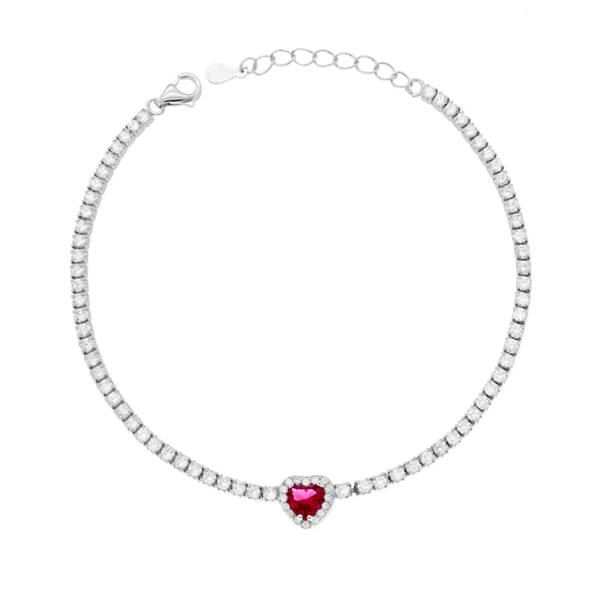 Bracciale Tennis Griffe cm 17+3 con Zirconi mm 2 Cuore centrale Rosso Rubino contornato da Zirconi Bianchi