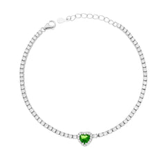 Bracciale Tennis Griffe cm 17+3 con Zirconi mm 2 Cuore centrale Verde Smeraldo contornato da Zirconi Bianchi