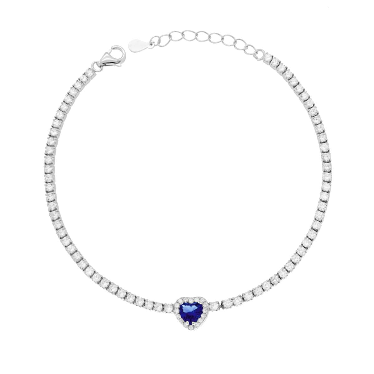 Bracciale Tennis Griffe cm 17+3 con Zirconi mm 2 Cuore centrale Blu Zaffiro contornato da Zirconi Bianchi