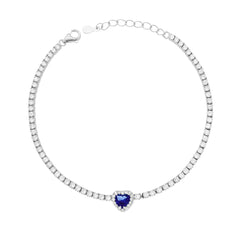 Bracciale Tennis Griffe cm 17+3 con Zirconi mm 2 Cuore centrale Blu Zaffiro contornato da Zirconi Bianchi