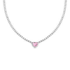 Collana Tennis Griffe cm 40+5 con Zirconi Bianchi con Zircone Cuore centrale Rosa contornato da Zirconi Bianchi
