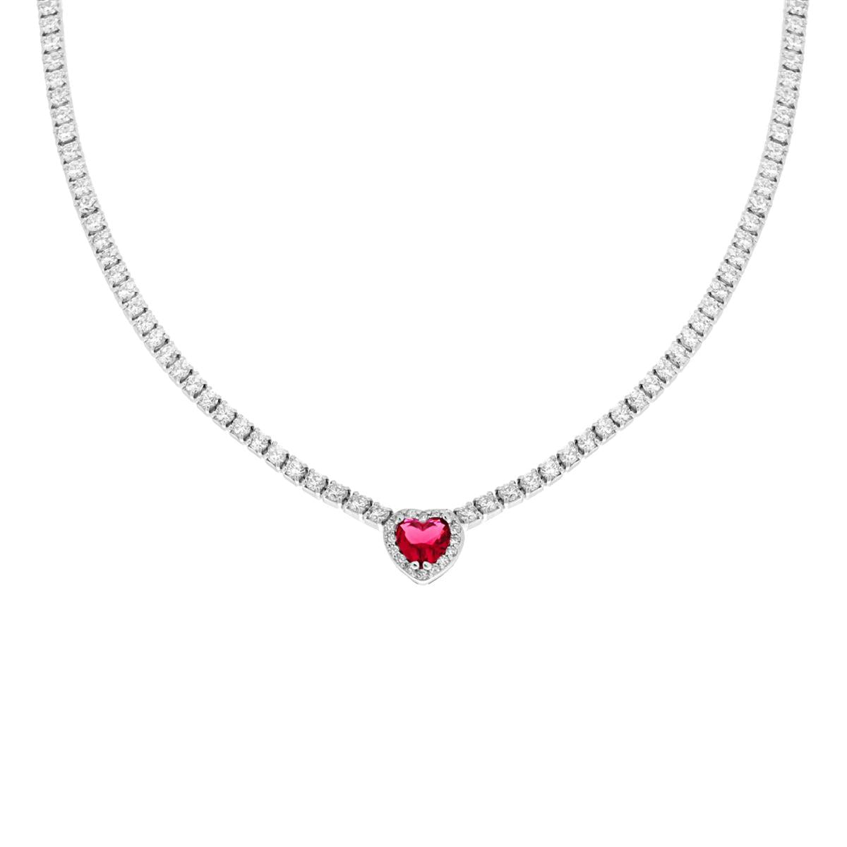 Collana Tennis Griffe cm 40+5 con Zirconi Bianchi con Zircone Cuore centrale Rosso Rubino contornato da Zirconi Bianchi
