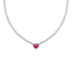 Collana Tennis Griffe cm 40+5 con Zirconi Bianchi con Zircone Cuore centrale Rosso Rubino contornato da Zirconi Bianchi