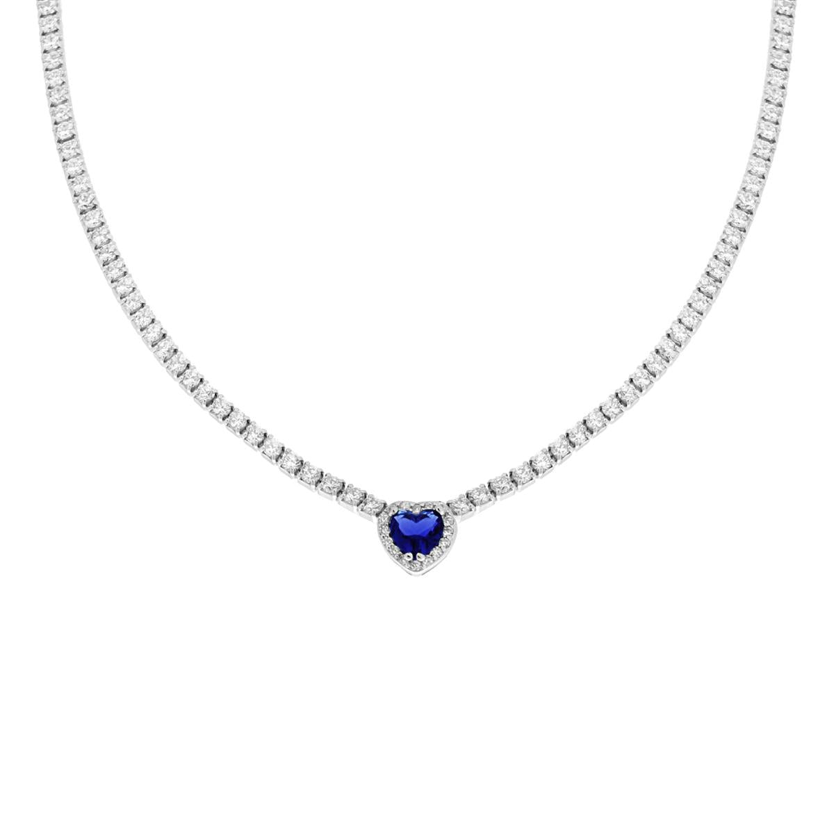 Collana Tennis Griffe cm 40+5 con Zirconi Bianchi con Zircone Cuore centrale Blu Zaffiro contornato da Zirconi Bianchi