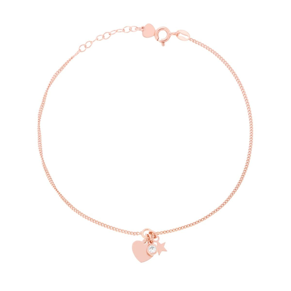 Cavigliera Catena Grumetta con Cuore Stella plain e Zircone Bianco pendenti