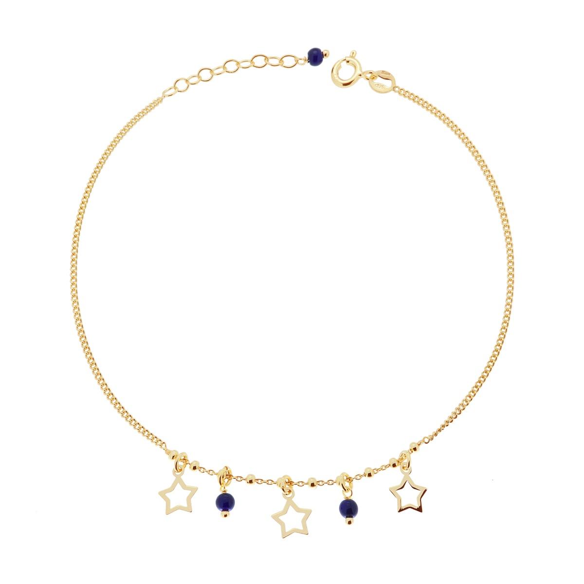 Cavigliera Catena Grumetta Diamantata con Stelle e Perline Blu pendenti