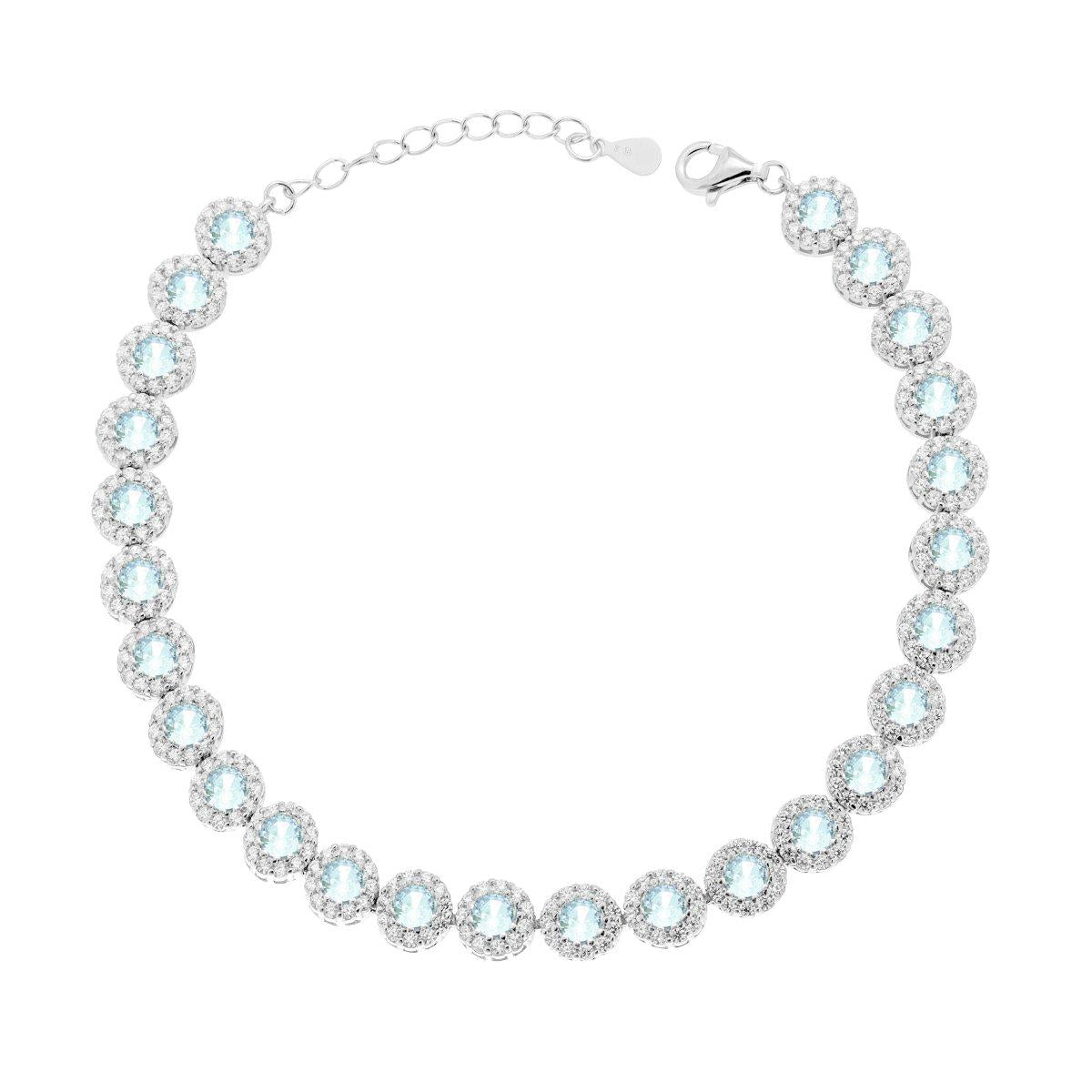 Bracciale Tennis Griffe cm 18+3 Fiore con Cubic Zirconia Acquamarina contornato da Cubic Zirconia Bianchi