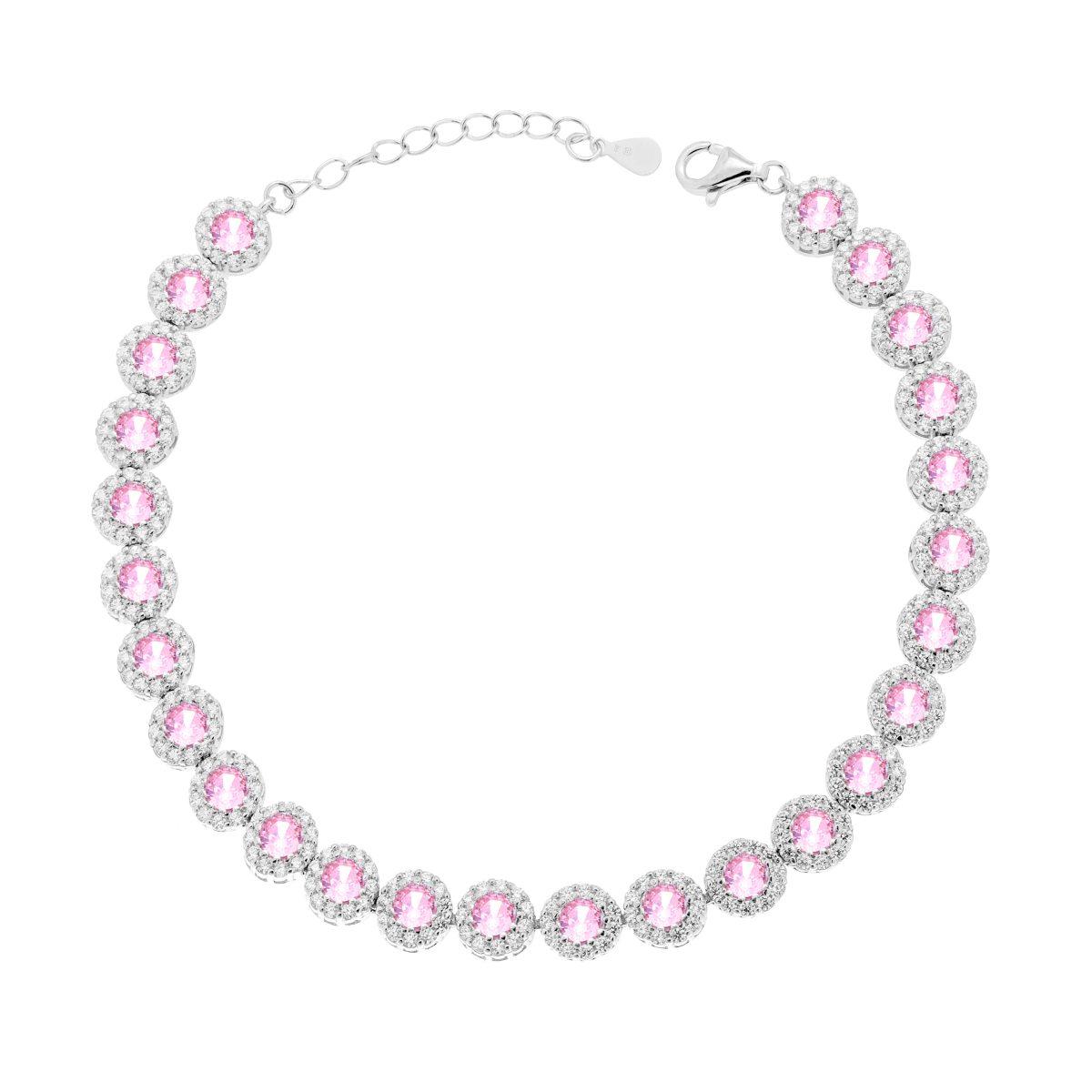 Bracciale Tennis Griffe cm 18+3 Fiore con Cubic Zirconia Rosa contornato da Cubic Zirconia Bianchi