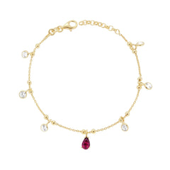 Bracciale Catena Forzatina Diamantata con Cubic Zirconia Bianchi e Goccia Rosso Rubino pendenti