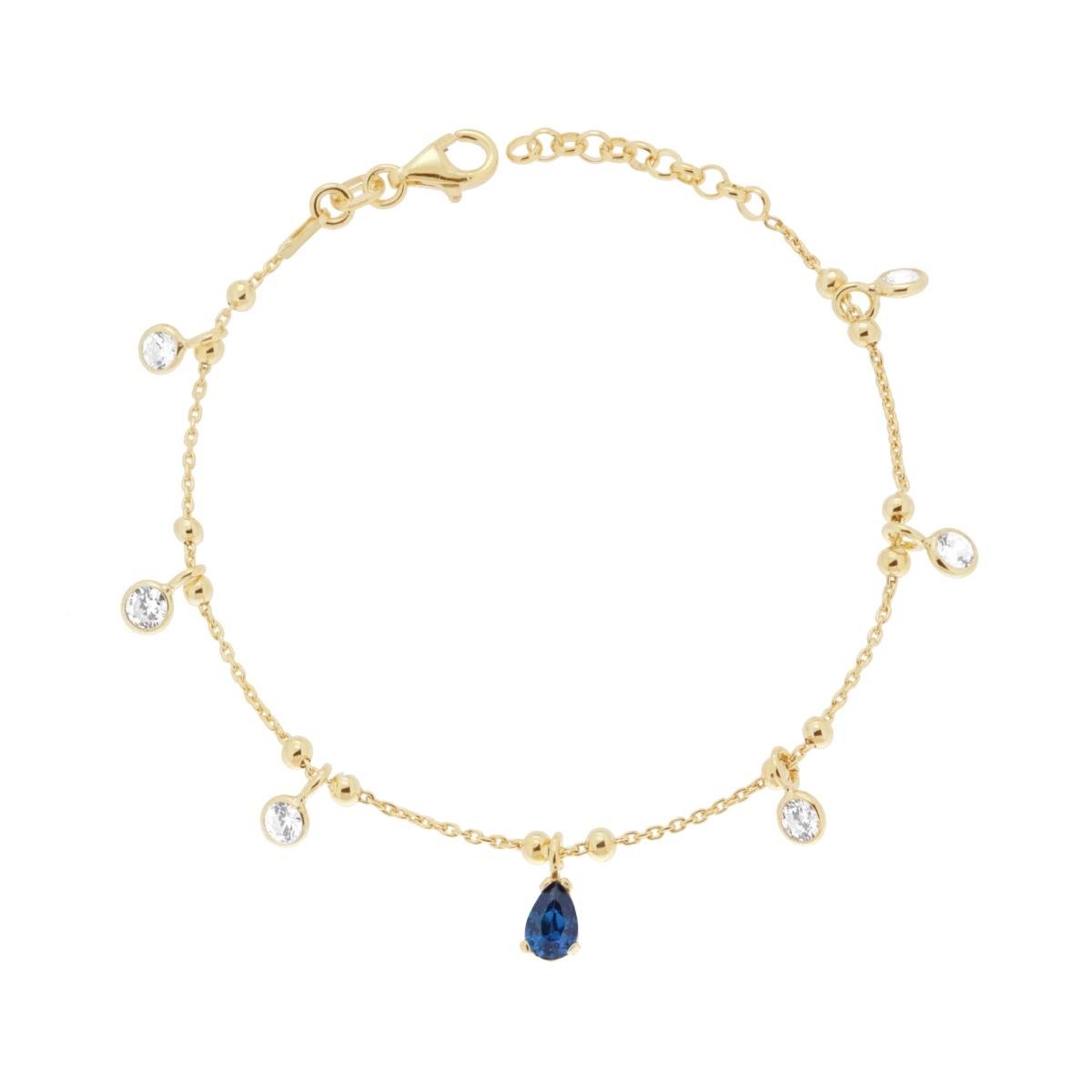 Bracciale Catena Forzatina Diamantata con Cubic Zirconia Bianchi e Goccia Blu Zaffiro pendenti