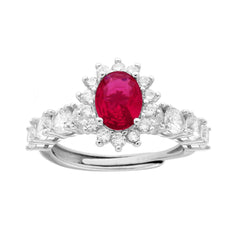 Anello Halo Veretta Ovale Rosso Rubino contornato con Cubic Zirconia Bianchi