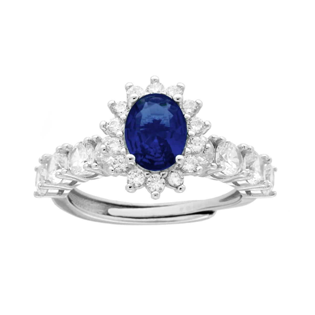 Anello Halo Veretta Ovale Blu Zaffiro contornato con Cubic Zirconia Bianchi