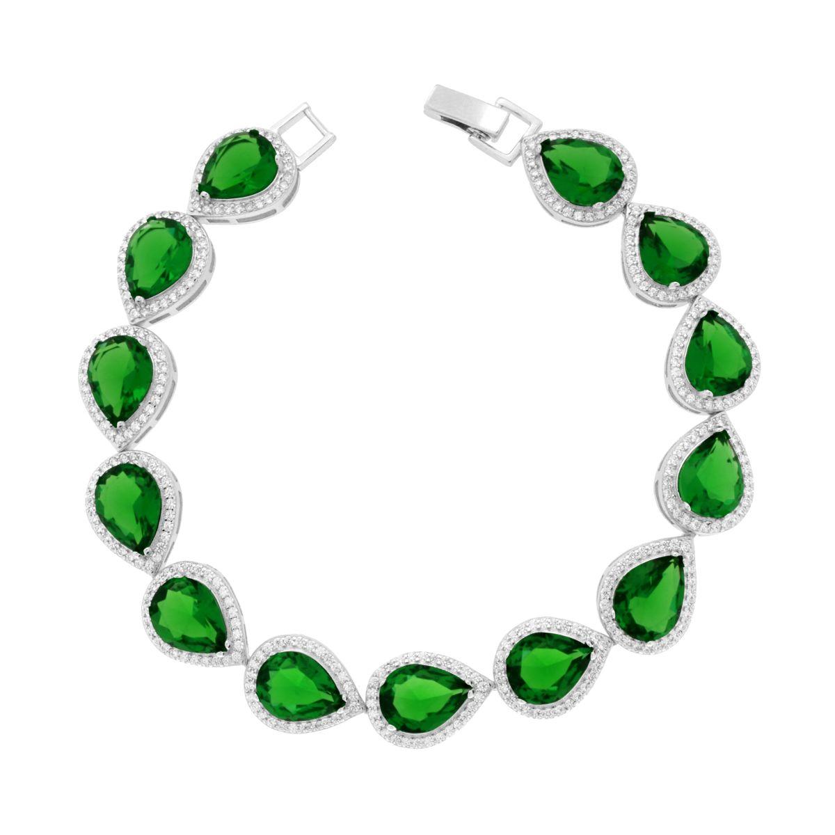 Bracciale Tennis Griffe cm 18 Goccia Verde Smeraldo contornati da Cubic Zirconia Bianchi