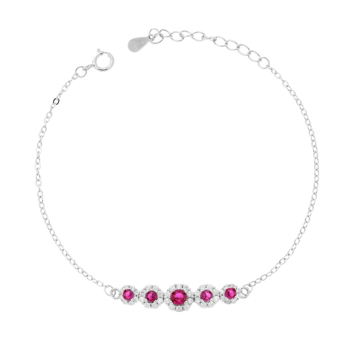 Bracciale Catena Forzatina Diamantata con Fiori Cubic Zirconia Rosso Rubino e Bianchi