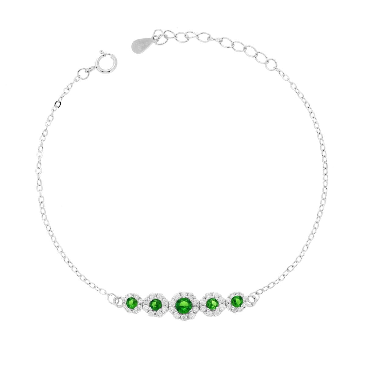 Bracciale Catena Forzatina Diamantata con Fiori Cubic Zirconia Verde Smeraldo e Bianchi