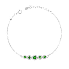 Bracciale Catena Forzatina Diamantata con Fiori Cubic Zirconia Verde Smeraldo e Bianchi