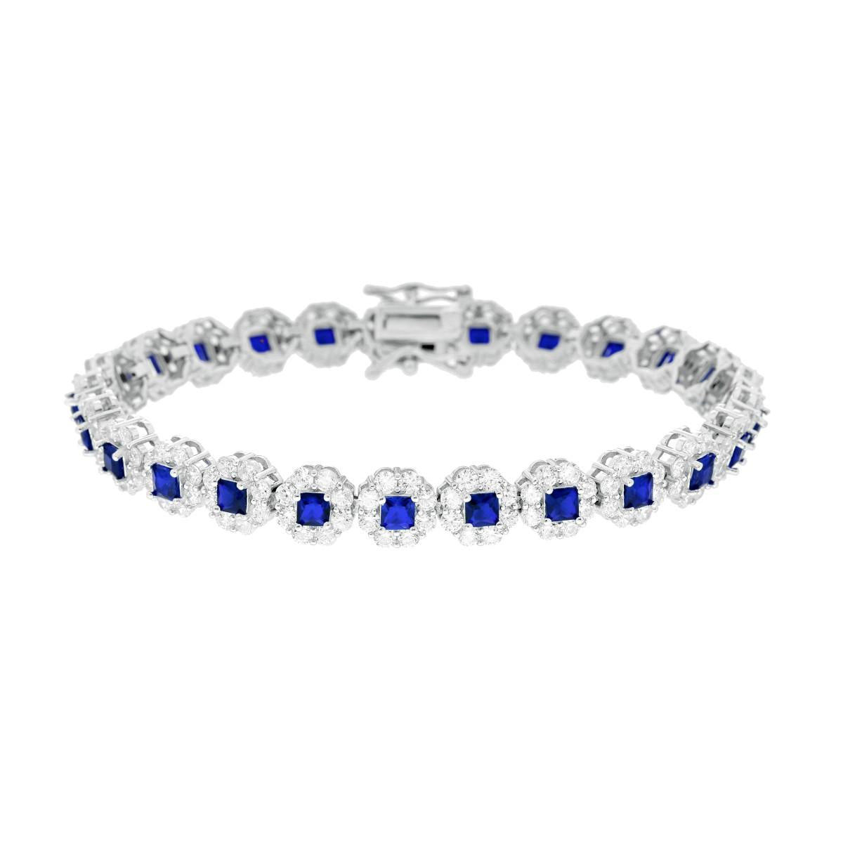 Bracciale Tennis cm 18 Fiori Blu Zaffiro Carre contornati da Cubic Zirconia Bianchi