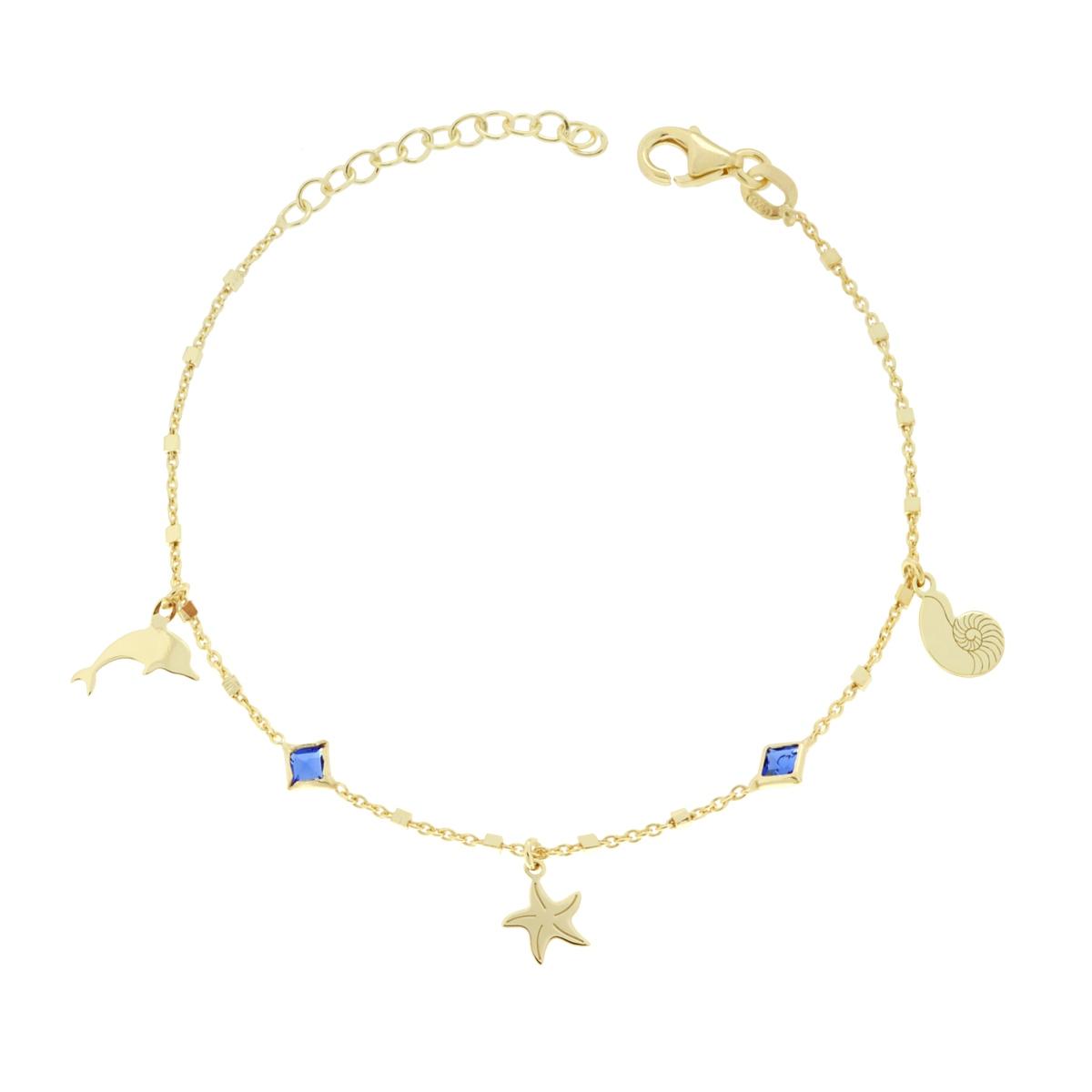 Bracciale Catena Forzatina con Conchiglia Delfino e Stella plain pendenti e Cubic Zirconia Blu Zaffiro