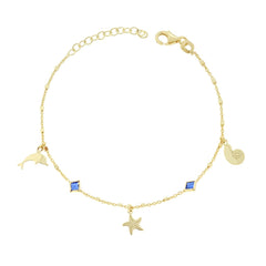 Bracciale Catena Forzatina con Conchiglia Delfino e Stella plain pendenti e Cubic Zirconia Blu Zaffiro