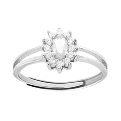 Anello Solitario con Zircone ovale Bianco contornato con Zirconi Bianchi